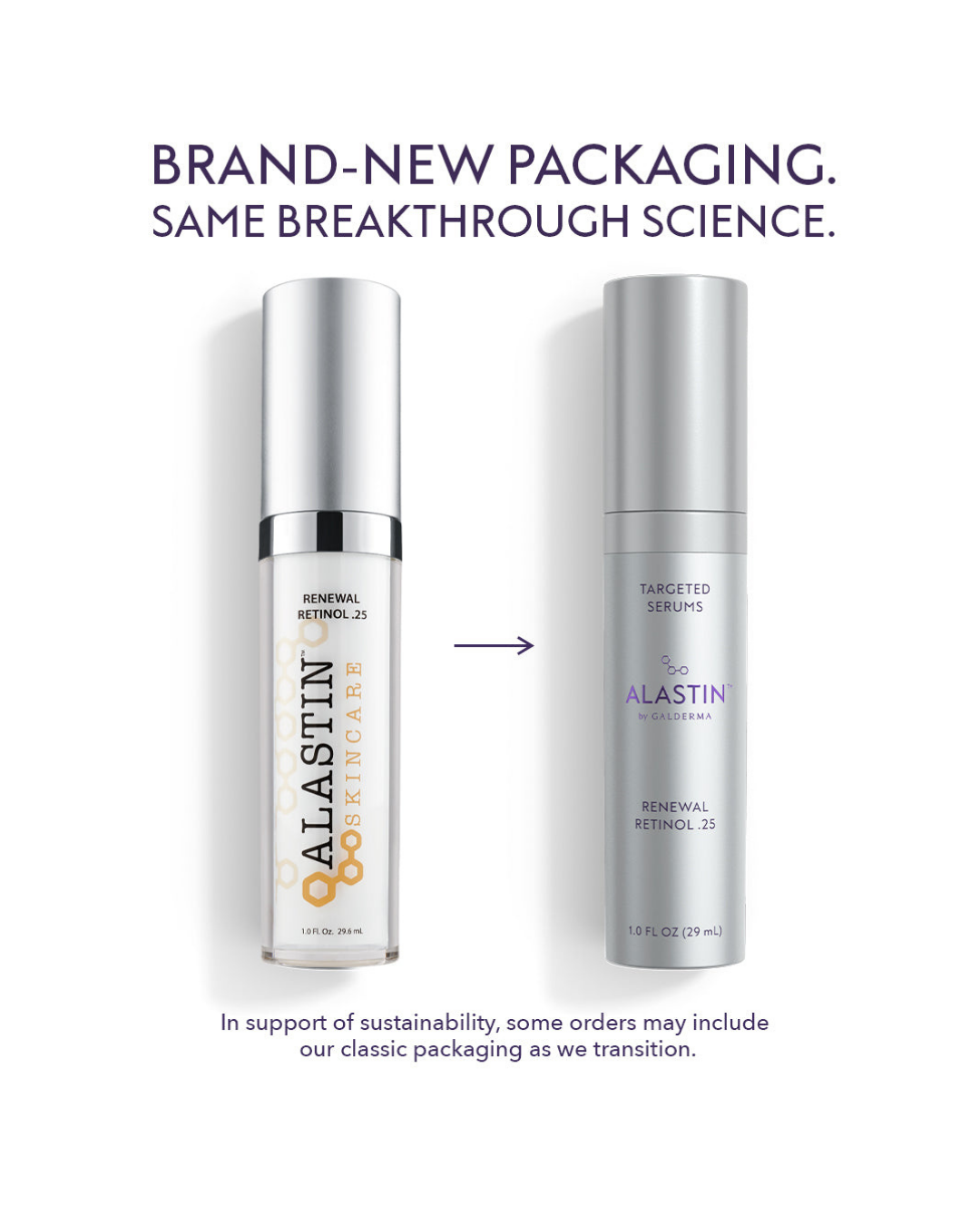 ALASTIN Renewal Retinol 0.25 shown in classic and new packaging, encapsulated retinol night treatment, 1 fl oz
