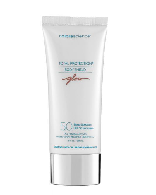 Colorescience Total Protection Body Shield Glow SPF 50 tube, illuminating mineral body sunscreen, 3 fl oz