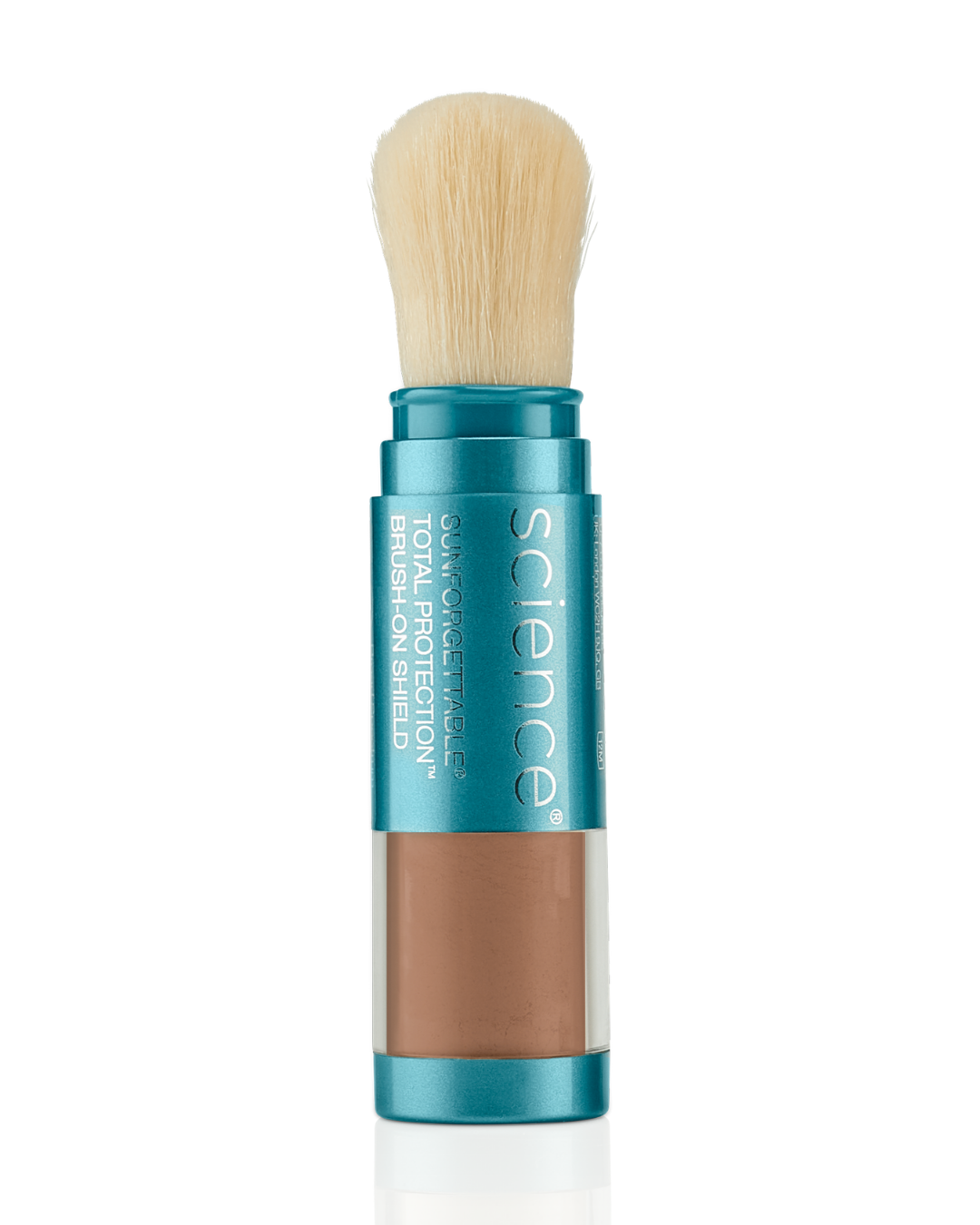 Colorescience Sunforgettable Total Protection Brush-On Shield SPF 50 in a deep shade, powder sunscreen brush
