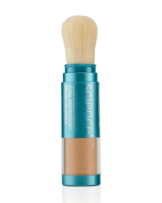 Colorescience Sunforgettable Total Protection Brush-On Shield SPF 50 in a medium shade, powder sunscreen brush