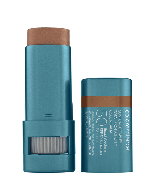 Colorescience Sunforgettable Total Protection Color Balm SPF 50 in bronze, mineral sunscreen stick for lips and cheeks