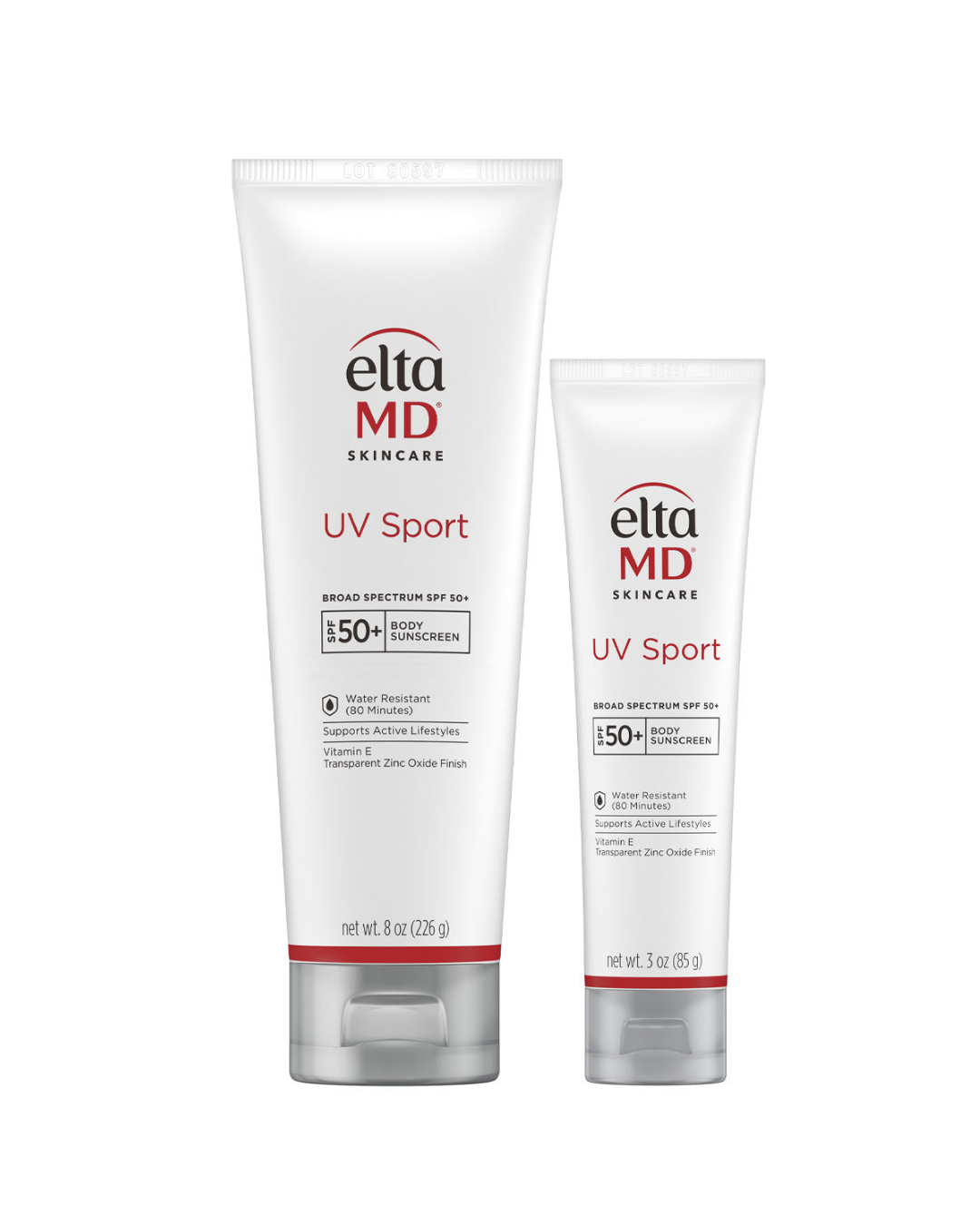 EltaMD UV Sport Broad Spectrum SPF 50+ water resistant body sunscreen in 8 oz and 3 oz tubes