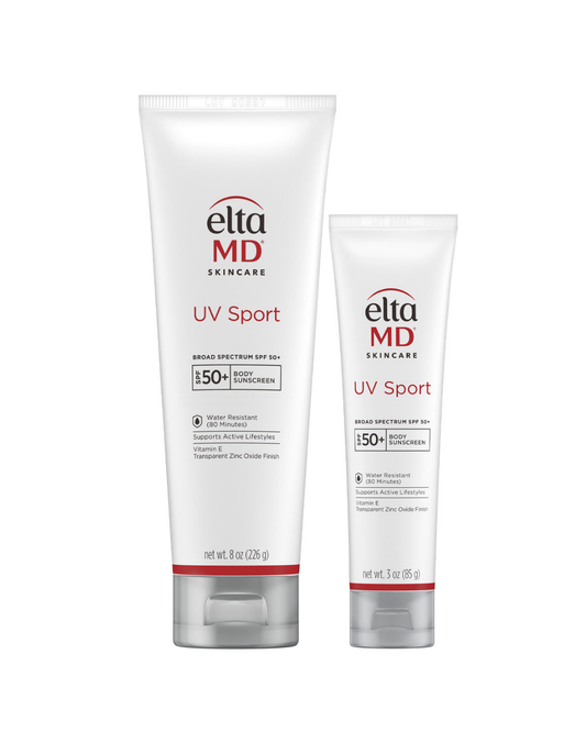 EltaMD UV Sport Broad Spectrum SPF 50+ water resistant body sunscreen in 8 oz and 3 oz tubes