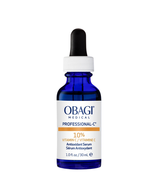 Obagi Professional-C 10% Vitamin C Antioxidant Serum in a blue dropper bottle, brightening serum, 1 fl oz
