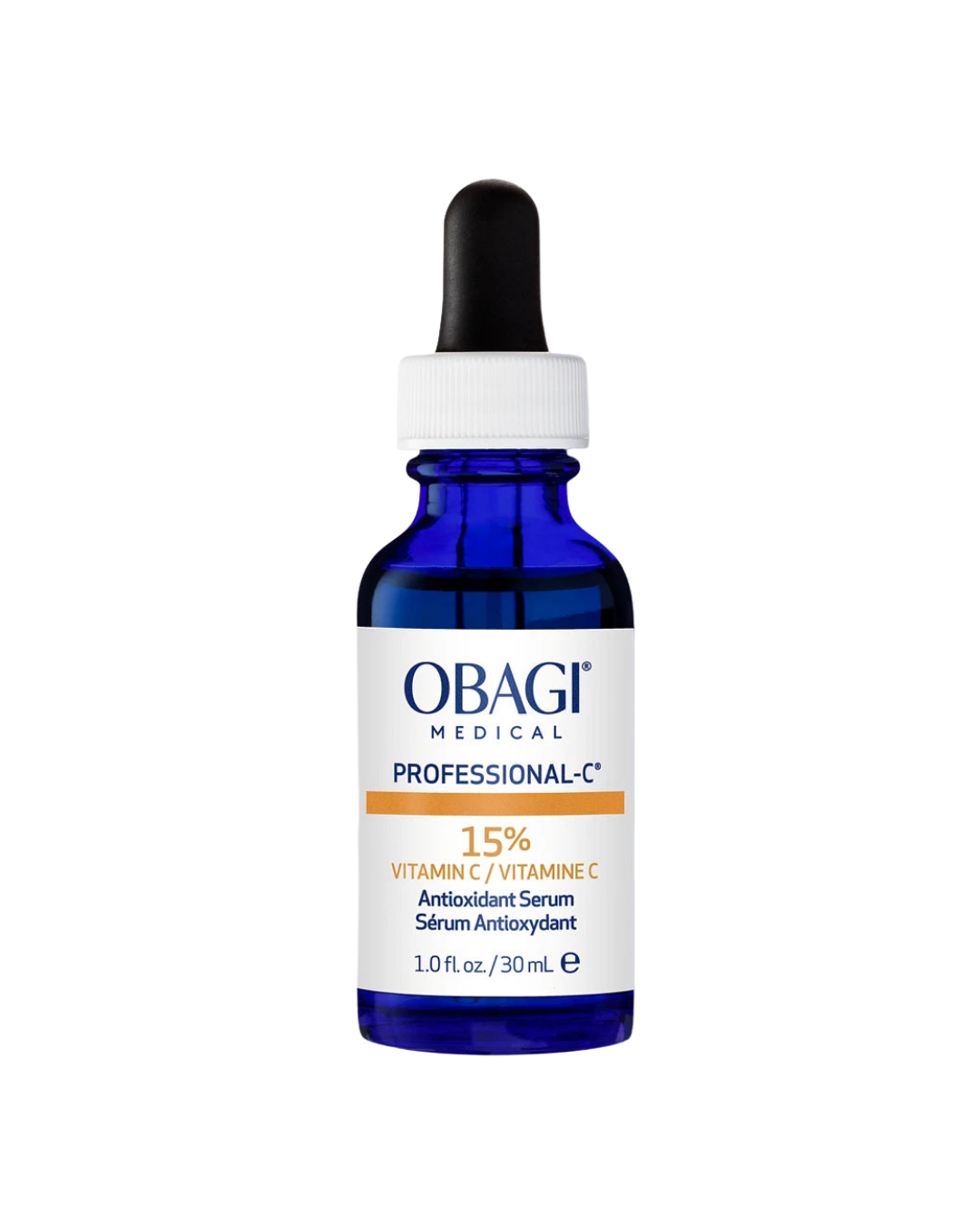 Obagi Professional-C 15% Vitamin C Antioxidant Serum in a blue dropper bottle, brightening serum, 1 fl oz