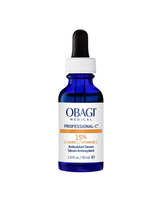 Obagi Professional-C 15% Vitamin C Antioxidant Serum in a blue dropper bottle, brightening serum, 1 fl oz