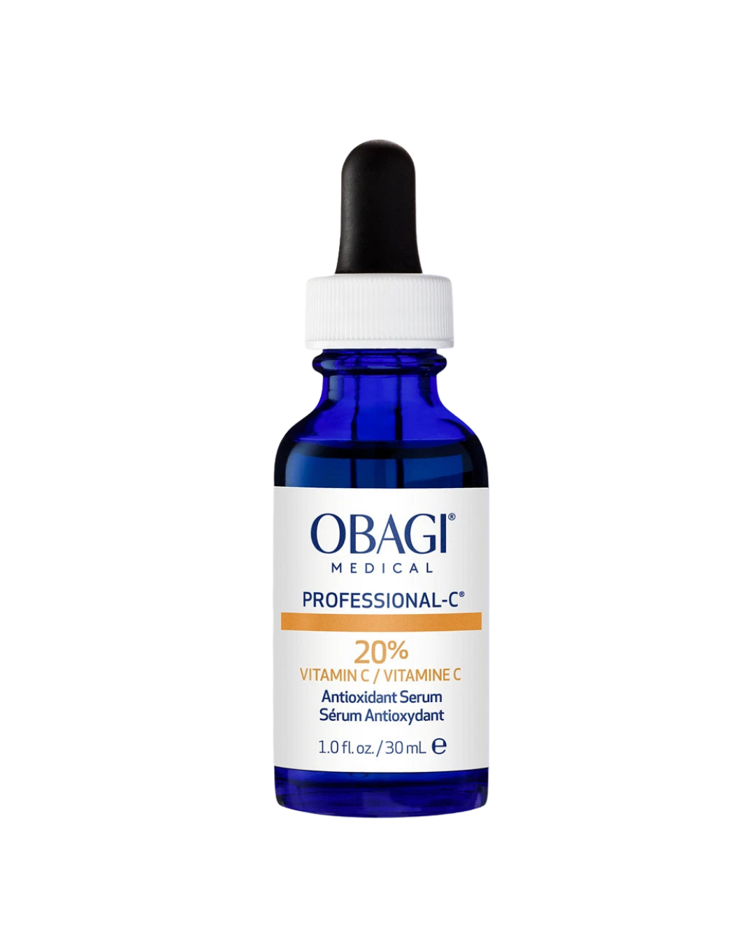 Obagi Professional-C 20% Vitamin C Antioxidant Serum in a blue dropper bottle, brightening serum, 1 fl oz