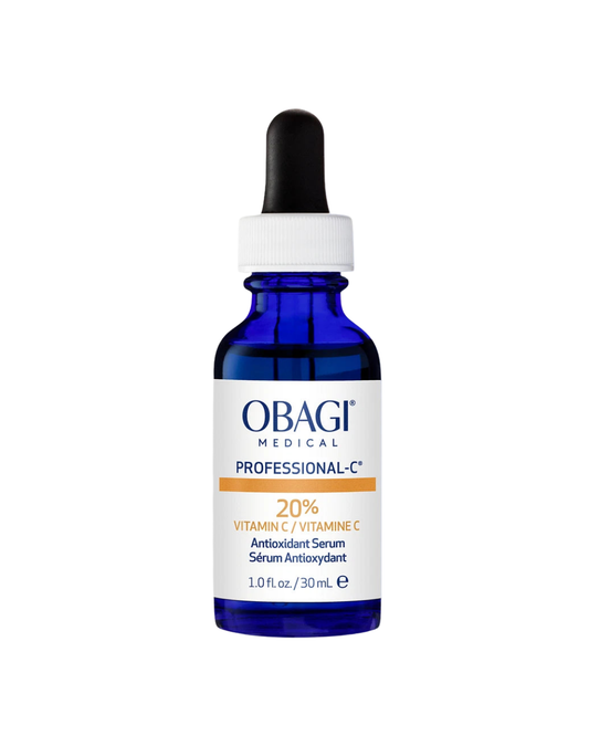 Obagi Professional-C 20% Vitamin C Antioxidant Serum in a blue dropper bottle, brightening serum, 1 fl oz